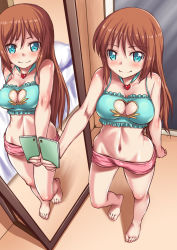Rule 34 | 1girl, aokihoshi, barefoot, blue eyes, blush, bra, breasts, brown hair, cellphone, cleavage, cleavage cutout, clothing cutout, from above, full-length mirror, full body, heart cutout, highres, holding, indoors, long hair, looking at viewer, lowleg, lowleg shorts, medium breasts, midriff, mirror, navel, original, outstretched arm, phone, reflection, short shorts, shorts, smartphone, smile, solo, standing, toes, underwear, underwear only