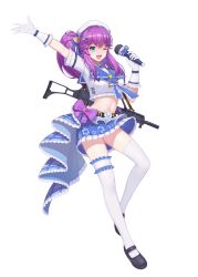 Rule 34 | 1girl, ;d, argent wing, arm up, assault rifle, belt, beret, black footwear, blue eyes, blue skirt, bow, breasts, crop top, crop top overhang, frilled shirt, frills, full body, g36 (argent wing), gloves, gun, h&amp;k g36, hand up, hat, highres, holding, idol, long hair, looking at viewer, mary janes, medium breasts, microphone, midriff, miniskirt, navel, official art, one eye closed, one side up, open mouth, outstretched arm, pleated skirt, purple bow, purple hair, rifle, sailor collar, shirt, shoes, short sleeves, skirt, smile, solo, stomach, thighhighs, thighs, transparent background, weapon, white gloves, white hat, white shirt, white thighhighs, zettai ryouiki