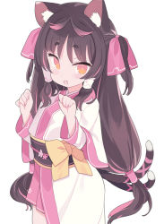 Rule 34 | 1girl, :o, animal ear fluff, animal ears, black hair, blade (galaxist), blush, bow, cat ears, cat girl, cat tail, commentary request, cowboy shot, fang, hands up, japanese clothes, kimono, long hair, long sleeves, looking at viewer, multicolored hair, multiple tails, nekoyama nae, obi, open mouth, pink hair, pink skirt, pleated skirt, red eyes, sash, short eyebrows, simple background, skirt, solo, standing, streaked hair, tail, thick eyebrows, toranoana, two side up, two tails, very long hair, virtual youtuber, white background, white kimono, wide sleeves, yellow bow