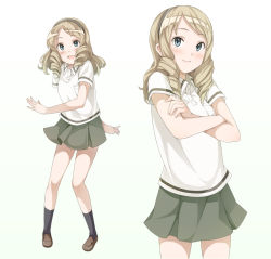 Rule 34 | 1girl, black socks, blonde hair, blue eyes, blush, character sheet, crossed arms, drill hair, hairband, kneehighs, kotera (koterabyte), loafers, looking at viewer, open mouth, original, school uniform, shoes, simple background, skirt, smile, socks, solo, twin drills, twintails, white background