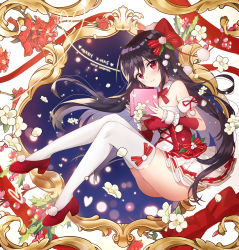 Rule 34 | 1girl, apple caramel, arm warmers, bare shoulders, black hair, bow, detached collar, flower, full body, gift, hair bow, heart, highres, long hair, looking at viewer, merry christmas, original, petals, red bow, red flower, red footwear, sitting, skirt, thighs, white flower, white legwear, white skirt