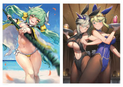 Rule 34 | 3girls, :d, animal ears, artoria pendragon (fate), artoria pendragon (lancer) (fate), artoria pendragon (lancer alter) (fate), beach, bikini, black legwear, blonde hair, blue eyes, blush, bow, braid, breasts, center opening, cleavage, closed mouth, covered navel, day, fake animal ears, fate/grand order, fate (series), french braid, frilled bikini, frills, grey hair, hair between eyes, hair bow, heattech leotard, horns, indoors, kiyohime (fate), kiyohime (fate/grand order), kiyohime (swimsuit lancer) (fate), kiyohime (swimsuit lancer) (first ascension) (fate), large breasts, leotard, long hair, looking at another, motion blur, multiple girls, navel, open mouth, pantyhose, playboy bunny, pyz (cath x tech), rabbit ears, sample watermark, smile, standing, swimsuit, thighs, tray, turtleneck, underboob, watermark, yellow bikini, yellow bow, yellow eyes