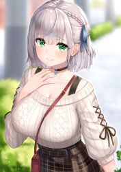 Rule 34 | 1girl, bag, between breasts, black choker, blurry, blurry background, blush, braid, breasts, brown skirt, choker, cleavage, closed mouth, collarbone, commentary request, crown braid, green eyes, hand up, handbag, hololive, large breasts, long sleeves, looking at viewer, off-shoulder sweater, off shoulder, outdoors, pensuke, plaid, ribbed sweater, ribbon, shirogane noel, shirogane noel (casual), short hair, silver hair, skirt, smile, solo, strap between breasts, sweater, sweater tucked in, virtual youtuber