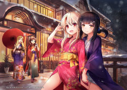 Rule 34 | 4girls, :d, :q, \m/, black hair, blonde hair, blue scrunchie, brown hair, building, commentary request, drill hair, fate/kaleid liner prisma illya, fate (series), floral print, hair between eyes, hair ornament, hair scrunchie, hairclip, holding hands, illyasviel von einzbern, interlocked fingers, japanese clothes, kimono, long hair, long sleeves, looking at viewer, low ponytail, luviagelita edelfelt, miyu edelfelt, multiple girls, night, obi, oil-paper umbrella, open mouth, outdoors, pink kimono, plant, potted plant, print kimono, purple kimono, red eyes, sash, scrunchie, smile, snow, snowing, tohsaka rin, tongue, tongue out, tsouchinyu, twintails, umbrella, wide sleeves, yellow eyes, yuri