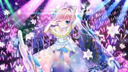 Rule 34 | 1girl, ahoge, bare shoulders, blue eyes, blue shorts, blue stripes, coattails, collarbone, colored lights, concert, detached sleeves, dot nose, dress, fence, film grain, flower, frilled dress, frills, from above, game cg, glint, glowstick, high ponytail, himura nagisa, holding, holding microphone, idol, idol clothes, izumi tsubasu, lily (flower), long hair, microphone, non-web source, official art, one eye closed, pink hair, platform, re:stage!, shorts, shorts under skirt, single detached sleeve, smile, solo, sparkle, stage lights, strapless, strapless dress, striped clothes, striped footwear, v, vertical-striped footwear, white dress, white footwear, white sleeves, wing ornament
