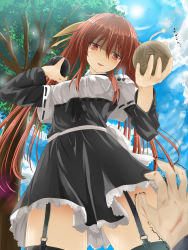 Rule 34 | 1girl, bomb, brown eyes, brown hair, cloud, day, dress, explosive, garter straps, hair ribbon, highres, inu (mezonsidepark), long hair, looking at viewer, original, pov, pov hands, red eyes, red hair, ribbon, shaded face, sky, solo focus, sun, tree, twintails