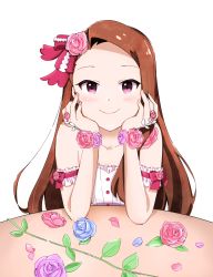 Rule 34 | 1girl, arm strap, blush, bow, brown hair, closed mouth, collarbone, flower, hair bow, hair flower, hair ornament, highres, idolmaster, idolmaster (classic), long hair, looking at viewer, maa (io 215), minase iori, pink flower, pink rose, purple eyes, red bow, rose, simple background, smile, solo, upper body, very long hair, white background, wrist flower