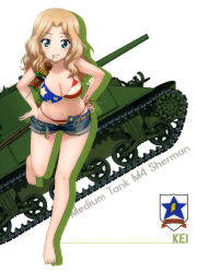 Rule 34 | 10s, 1girl, absurdres, american flag bikini, american flag print, bare legs, barefoot, bikini, bikini under clothes, blue eyes, breasts, cleavage, clothes pull, curvy, cutoffs, denim, denim shorts, female focus, flag print, food, full body, girls und panzer, grin, hands on own hips, highres, kay (girls und panzer), kebab, large breasts, leaning forward, light brown hair, military, military vehicle, motor vehicle, mouth hold, official art, open fly, open pants, pants, pants pull, parted lips, print bikini, scan, short shorts, shorts, side-tie bikini bottom, smile, solo, standing, standing on one leg, string bikini, swimsuit, tank
