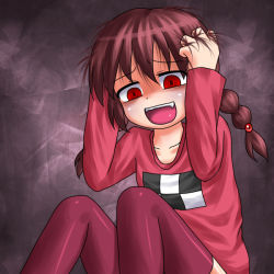 Rule 34 | aosora (mizore), bags under eyes, crazy, madotsuki, open mouth, red eyes, sharp teeth, short twintails, teeth, thighhighs, twintails, yandere, yume nikki