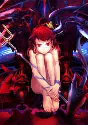 Rule 34 | 1girl, barefoot, bug, butterfly, dan evan, feet, female focus, hands on feet, houjuu nue, hugging own legs, insect, nude, plantar flexion, polearm, red eyes, red hair, short hair, snake, solo, spear, touhou, trident, weapon, wings