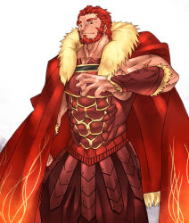 Rule 34 | 1boy, armor, beard, cape, facial hair, fate/stay night, fate/zero, fate (series), iskandar (fate), male focus, manly, necktie, pteruges, red eyes, red hair, solo, taka-0465, white background