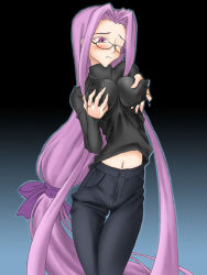 Rule 34 | 00s, 1girl, breasts, casual, covered erect nipples, fate/stay night, fate (series), glasses, grabbing, grabbing another&#039;s breast, gradient background, lactation, lactation through clothes, long hair, medusa (fate), medusa (rider) (fate), official alternate costume, purple eyes, purple hair, solo, square pupils, very long hair