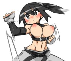Rule 34 | 1girl, belt, black belt, black eyes, black hair, bouncing breasts, breasts, breasts out, cannsk, clenched hand, commentary request, detached sleeves, fighting stance, fingerless gloves, frown, gloves, grey gloves, grey pants, groin, kurogane arumi, large breasts, linea alba, midriff, mma gloves, motion lines, navel, nipples, original, pants, serious, solo, sweat, twintails, upper body, v-shaped eyebrows