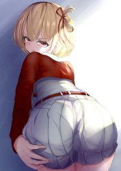 Rule 34 | 1girl, absurdres, against wall, angry, artist request, ass, ass focus, ass grab, blonde hair, blush, deep skin, female focus, from behind, grabbing own ass, hair ribbon, highres, huge ass, leaning, leaning forward, looking at viewer, looking back, lycoris recoil, nishikigi chisato, pantylines, red eyes, ribbon, school uniform, short hair, skirt, solo