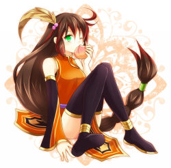Rule 34 | 1girl, anklet, bad id, bad pixiv id, baozi, bare shoulders, black thighhighs, braid, brown hair, china dress, chinese clothes, chisa, detached sleeves, dress, eating, feather hair ornament, feathers, food, green eyes, guan yinping (p&amp;d), hair ornament, holding, jewelry, long hair, long sleeves, low-braided long hair, low-tied long hair, one eye closed, orange dress, puzzle &amp; dragons, single braid, sitting, solo, thighhighs, very long hair