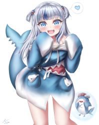Rule 34 | 1girl, :d, absurdres, bare legs, bloop (gawr gura), blue eyes, blue hair, blunt bangs, blush, commentary, dated, dress, fins, fish tail, gawr gura, hair ornament, heart, highres, hololive, hololive english, kuma piv, light blue hair, looking at viewer, multicolored hair, open mouth, shark hair ornament, shark tail, sharp teeth, sidelocks, signature, silver hair, sleeves past fingers, sleeves past wrists, smile, solo, spoken heart, streaked hair, symbol-only commentary, tail, teeth, virtual youtuber