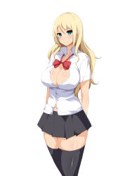 Rule 34 | 1girl, absurdres, aqua eyes, black skirt, black thighhighs, blonde hair, blush, bow, bowtie, breasts, bursting breasts, cleavage, curvy, eve (artist), female focus, highres, large breasts, legs, long hair, looking at viewer, school uniform, simple background, skirt, smile, solo, standing, thick thighs, thighhighs, thighs, unbuttoned, white background, zettai ryouiki