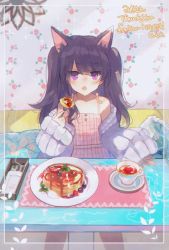 Rule 34 | 1girl, :o, animal ears, banned artist, black hair, border, cat ears, cat girl, collarbone, commentary, commission, cup, dress, english commentary, food, fork, highres, holding, holding fork, indie virtual youtuber, nunuko (mu661129), off shoulder, open mouth, pancake, pink dress, purple eyes, purple sweater, second-party source, shimotsuki miri, skeb commission, solo, sweater, teacup, v-shaped eyebrows, virtual youtuber, white border