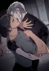 Rule 34 | 2boys, absurdres, alternate hairstyle, black gloves, black sweater, blood, blood on arm, blood on face, brown hair, clenched hand, closed eyes, cowboy shot, dog tags, french kiss, gloves, grey hair, grey shirt, hand on another&#039;s neck, highres, hug, ilay riegrow, jeong taeui, kiss, male focus, multiple boys, o ssion, passion (manhwa), shirt, short hair, sweatdrop, sweater, twitter username, yaoi