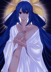 Rule 34 | 1girl, blue hair, breasts, chibakun, collarbone, dizzy (guilty gear), groin, guilty gear, hair between eyes, hair ribbon, hair rings, hand on own chest, highres, large breasts, looking at viewer, mature female, nude, partially undressed, red eyes, ribbon, ringed eyes, robe, sidelocks, solo, thighs, twintails, white robe, yellow ribbon