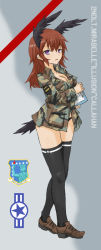 Rule 34 | 1girl, bad id, bad pixiv id, blue eyes, breasts, camouflage, cleavage, commentary request, dakku (ogitsune), head wings, medium breasts, panties, red hair, solo, strike witches, strike witches 1991, tail, thighhighs, underwear, uniform, wings, world witches series