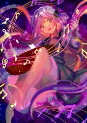Rule 34 | 1girl, barefoot, biwa lute, dress, flower, hair flower, hair ornament, hairband, highres, instrument, kotonoman, long hair, long sleeves, looking at viewer, lute (instrument), musical note, open mouth, purple eyes, purple hair, shirt, skirt, smile, solo, touhou, tsukumo benben, twintails