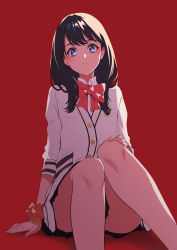 Rule 34 | 10s, 1girl, ass, black hair, black skirt, blue eyes, bow, cardigan, collared shirt, expressionless, gridman universe, hand on own knee, highres, legs, long hair, long sleeves, looking at viewer, microskirt, orange scrunchie, pleated skirt, realmbw, red background, red bow, school uniform, scrunchie, shirt, simple background, sitting, skirt, solo, ssss.gridman, takarada rikka, thighs, white cardigan, white shirt, wrist scrunchie