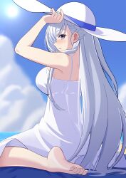 Rule 34 | 1girl, azur lane, barefoot, belfast (azur lane), blue eyes, blush, dress, feet, hat, highres, large hat, long hair, looking at viewer, parted lips, silver hair, soles, sun hat, sundress, toes