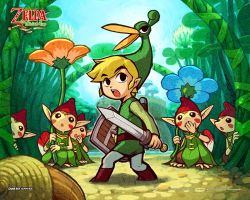 Rule 34 | acorn, belt, black eyes, blonde hair, boots, copyright name, covering face, covering own mouth, covering privates, ezlo, flower, foreshortening, hat, holding, holding sword, holding weapon, link, looking back, mini person, miniboy, mushroom, nintendo, official art, official wallpaper, open mouth, plant, pointy ears, shield, surprised, sword, teeth, the legend of zelda, the legend of zelda: the minish cap, toon link, upper teeth only, wallpaper, watermark, weapon