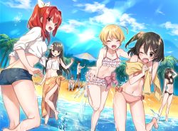 Rule 34 | 2boys, 5girls, :d, ;d, ^ ^, ahoge, arm up, ass, bad id, bad twitter id, bare legs, barefoot, beach, beach umbrella, bikini, black bikini, black eyes, black hair, black male swimwear, black swim trunks, blonde hair, blue sky, blush, bow, bow bikini, breasts, brown hair, character request, closed eyes, cloud, collarbone, contrapposto, covering privates, covering breasts, crossed arms, day, denim, denim shorts, embarrassed, eyebrows, flower, frilled bikini, frills, from behind, groin, hair between eyes, hair flower, hair ornament, hair over shoulder, hair ribbon, hairclip, halterneck, happy, imminent hug, incoming hug, jewelry, large bow, lens flare, long hair, looking back, male swimwear, multiple boys, multiple girls, navel, necklace, official art, one eye closed, one side up, open clothes, open mouth, open shirt, outdoors, outstretched arms, palm tree, pink bikini, pink bow, red eyes, red hair, ribbon, sand, sarong, senritsu no majutsushi to goteijuu, shirako miso, shirt, shore, short hair, short shorts, shorts, side-tie bikini bottom, sitting, sky, small breasts, smile, splashing, standing, standing on one leg, summer, sunlight, swim trunks, swimsuit, teeth, tied shirt, tree, umbrella, wading, water, wet, white bikini, white flower, white male swimwear, white ribbon, white shirt, white swim trunks
