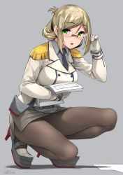 Rule 34 | 1girl, adjusting eyewear, bespectacled, black neckwear, black pantyhose, blonde hair, breasts, chestnut mouth, commentary request, unworn eyewear, full body, glasses, green eyes, grey background, grey shirt, happa (cloverppd), holding, holding removed eyewear, kantai collection, looking at viewer, medium breasts, miniskirt, open mouth, pantyhose, pencil skirt, shirt, simple background, skirt, solo, squatting