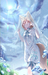 1girl absurdres animal_ears blue_flower brown_hair bush closed_mouth cloud flower fox_ears fox_girl fox_tail hair_between_eyes highres kitsune kudamaki_tsukasa light_particles looking_at_viewer mizore_arius outdoors pink_flower rain rainbow romper see-through_clothes short_hair short_sleeves smile solo standing sun sunlight tail touhou wet wet_clothes