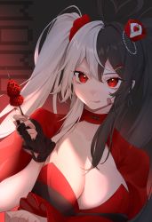 Rule 34 | 1girl, :q, absurdres, ahoge, bandaid, bandaid on face, black gloves, black hair, blouse, breasts, character request, cleavage, cleavage cutout, clothing cutout, fingerless gloves, food, fruit, gloves, hair ornament, heart, heart ahoge, highres, holding, holding food, indie virtual youtuber, large breasts, looking at viewer, multicolored hair, nail polish, red eyes, red nails, red shirt, shirt, silver hair, solo, split-color hair, strawberry, tongue, tongue out, two-tone hair, upper body, virtual youtuber, yoclesh