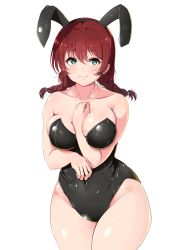 Rule 34 | 1girl, absurdres, animal ears, arm between breasts, bare shoulders, between breasts, black leotard, blue eyes, braid, breasts, brown hair, cleavage, closed mouth, collarbone, contrapposto, covered navel, cowboy shot, emma verde, fake animal ears, freckles, highres, large breasts, leotard, long hair, looking at viewer, love live!, love live! nijigasaki high school idol club, low twin braids, low twintails, narrow waist, parted hair, playboy bunny, rabbit ears, shinonon (iso shino), simple background, skin tight, skindentation, smile, solo, strapless, strapless leotard, thick thighs, thighs, twin braids, twintails, white background, wide hips