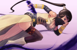 Rule 34 | 00s, 1girl, bad id, bad pixiv id, belt, black hair, blue eyes, boots, breasts, cleavage, elbow gloves, gloves, long hair, nakatsukasa tsubaki, ninja, ponytail, roten, running, scarf, solo, soul eater, sword, thighhighs, weapon