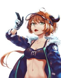 Rule 34 | 1girl, absurdres, ahoge, arknights, black gloves, black jacket, black sports bra, breasts, chinese commentary, cleavage, collarbone, commentary, cow horns, croissant (arknights), fang, fur-trimmed jacket, fur trim, gloves, green eyes, groin, hair between eyes, hand up, highres, horns, jacket, long hair, long sleeves, looking at viewer, low ponytail, medium breasts, navel, open clothes, open mouth, orange hair, penguin logistics logo, sidelocks, simple background, solo, sports bra, standing, stomach, two-tone gloves, upper body, vincent ky, visor cap, white background, white gloves