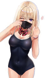 Rule 34 | 1girl, absurdres, bare shoulders, blonde hair, bow, bowtie, breasts, censored, competition school swimsuit, covered navel, gyaru, highres, kogal, looking at viewer, mask, medium breasts, middle finger, mosaic censoring, mouth mask, one-piece swimsuit, one eye closed, original, purple eyes, school swimsuit, simple background, swimsuit, white background, yukemuriganmo