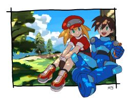 Rule 34 | 1boy, 1girl, against tree, armor, blonde hair, blue armor, blurry, blurry background, bottle, brown hair, cabbie hat, cloud, cropped jacket, full body, green eyes, hat, highres, holding, holding bottle, jacket, looking at another, looking up, medium hair, mega man (series), mega man legends (series), mega man volnutt, nature, red hat, red jacket, red shorts, roll caskett (mega man), short hair, shorts, sitting, sky, touhou3939, tree
