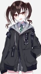 Rule 34 | 1girl, :o, blush, brown eyes, brown hair, green necktie, grey background, hand in pocket, highres, idolmaster, idolmaster cinderella girls, long sleeves, looking at viewer, mask, mask pull, misumi (macaroni), mole, mole under eye, mouth mask, necktie, open mouth, school uniform, sharp teeth, short hair, simple background, solo, standing, sunazuka akira, surgical mask, teeth, twintails