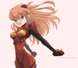 Rule 34 | 1girl, arms behind back, blue eyes, bodysuit, bracer, character name, clenched hands, cowboy shot, floating hair, from side, gloves, grin, hair between eyes, headgear, long hair, narrow waist, neon genesis evangelion, orange hair, pilot suit, plugsuit, pota (nabrinko), red hair, simple background, skinny, smile, solo, souryuu asuka langley, stretching, turtleneck, two side up