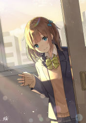 Rule 34 | 1girl, black skirt, blazer, blue bow, blue eyes, blue jacket, bow, brown sweater, closed mouth, collared shirt, commentary request, door, green bow, hair bow, hand up, highres, indoors, jacket, long sleeves, looking at viewer, miko fly, one side up, open clothes, open door, open jacket, original, school uniform, shirt, signature, skirt, sleeves past wrists, smile, solo, sunset, sweater, white shirt, window