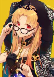 Rule 34 | 1girl, arm up, black-framed eyewear, black collar, black dress, black nails, blonde hair, breasts, collar, collarbone, commentary request, detached collar, dress, earrings, ereshkigal (fate), fate/grand order, fate (series), fingernails, fujikiri yana, fur-trimmed hood, fur trim, glasses, hand up, head tilt, highres, hood, hood up, infinity symbol, jewelry, long hair, looking at viewer, medium breasts, nail polish, parted bangs, parted lips, red eyes, simple background, skull, solo, spine, tiara, twitter username, two side up, upper body, yellow background