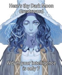 Rule 34 | 1girl, absurdres, blue eyes, blue hair, blue skin, cloak, colored skin, cracked skin, elden ring, english text, expressionless, extra faces, fur cloak, hanny (uirusu chan), hat, highres, large hat, long hair, looking at viewer, one eye closed, ranni the witch, simple background, solo, straight-on, upper body, white background, witch hat