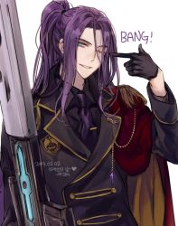 Rule 34 | 1boy, black gloves, black jacket, black shirt, blue eyes, cape, gloves, gun, jacket, long hair, looking at viewer, noblesse, one eye closed, purple eyes, red cape, shirt, smile, solo, takeo (noblesse), very long hair, weapon, white background