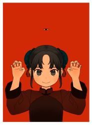 Rule 34 | 1girl, akai sashimi, black eyes, black hair, bun cover, hands up, highres, long sleeves, looking at viewer, original, red background, sidelocks, smile, solo, upper body