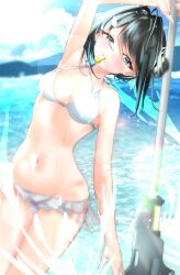 Rule 34 | 1girl, absurdres, arknights, arm up, armpits, bare arms, bare shoulders, bikini, black hair, blue eyes, blue sky, blush, breasts, cloud, commentary, cowboy shot, day, groin, highres, kyoken illustrate, la pluma (arknights), la pluma (summer flowers) (arknights), looking at viewer, medium breasts, navel, outdoors, short hair, sky, solo, standing, stomach, swimsuit, thighs, water, white bikini