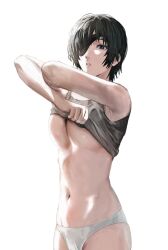 Rule 34 | 1girl, armpits, bare arms, bare shoulders, black hair, black shirt, breasts, chainsaw man, clothes lift, eyepatch, highres, himeno (chainsaw man), large breasts, looking at viewer, navel, open mouth, panties, raberu ruru, shirt, shirt lift, short hair, simple background, solo, surprised, tank top, underwear, undressing, white background, white panties