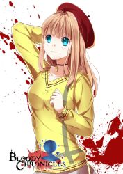 Rule 34 | 1girl, aki ishikawa, beret, blonde hair, blood, blood splatter, bloody chronicles, blue eyes, choker, copyright name, cross, cross necklace, hat, jewelry, logo, long hair, necklace, official art, smile, solo