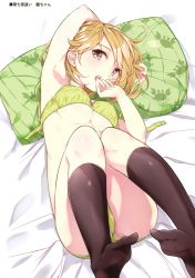 Rule 34 | 10s, 1girl, absurdres, animal print, arm behind head, armpits, ass, bed sheet, black socks, blonde hair, bow, bow bra, bra, breasts, crab, fang, feet, hamaken. (novelize), hand to own mouth, highres, kantai collection, knees together feet apart, lace, lace-trimmed bra, lace trim, legs up, looking at viewer, lying, medium breasts, no shoes, oboro (kancolle), on back, on bed, open bra, open mouth, panties, pillow, short hair, socks, soles, solo, teeth, underboob, underwear, underwear only, yellow bra, yellow eyes, yellow panties