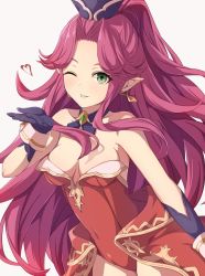 Rule 34 | 1girl, angela (seiken densetsu 3), artist request, bare shoulders, blowing kiss, breasts, covered navel, crown, earrings, female focus, gloves, green eyes, hair intakes, heart, highres, jewelry, leotard, long hair, looking at viewer, medium breasts, necklace, one eye closed, parted bangs, parted lips, pointy ears, purple gloves, purple hair, red leotard, seiken densetsu, seiken densetsu 3, showgirl skirt, sidelocks, simple background, smile, solo, square enix, standing, swept bangs, teeth, very long hair, white background, wrist cuffs